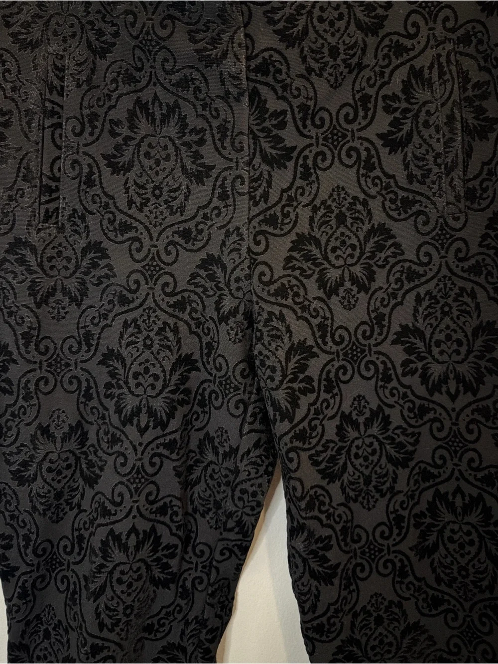 Chico’s Black Flocked Damask Slim Ankle Pants | Textured Stretch 10 - Picture 4 of 7